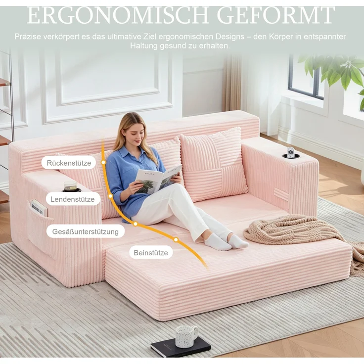 EINHOM Dreier-Sofa aus Baumwoll- und Leinenstoff, mit Getränkehalter und seitlichen Taschen, kann in drei Sitzplätze umgewandelt werden, rahmenloser Design mit gestrickten Kissen und Rückenlehne, großes Sitz – Bild 3