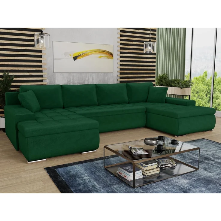 Wohnlandschaft mit Schlaffunktion Faris U-Form - Couch, Schlafsofa mit Bettkasten, Couchgranitur mit Bettfunktion, Big Sofa, Bettsofa (Grün (Kronos 19)) – Bild 2