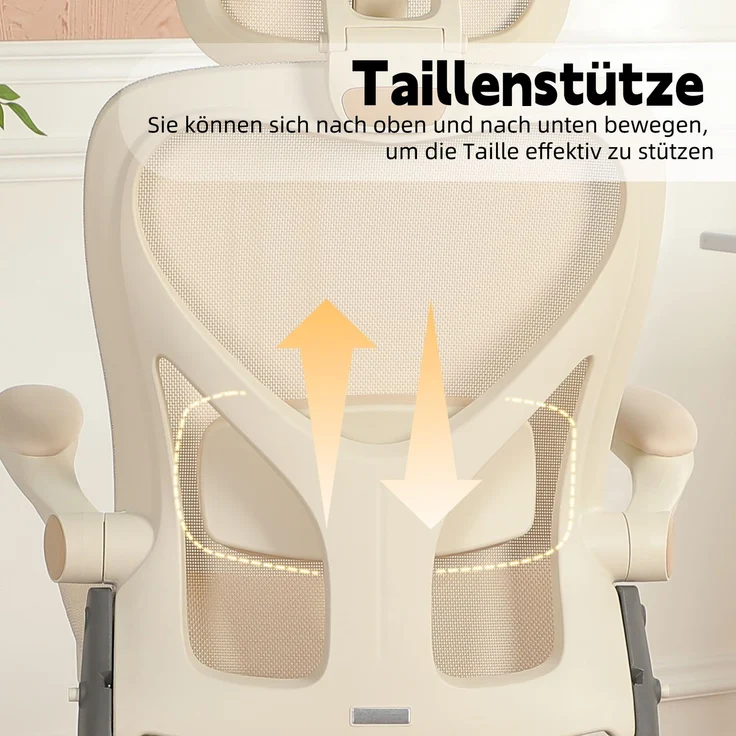 Klappbarer ergonomischer Bürostuhl, kleiner Platz-Klappstuhl mit Taillenstütze, Ganznetzschiebekissen, klappbare Armlehnen, 3D-Kopfstützen und Bürostuhl mit Arbeitspedalen,creme--Creme--129x48.5x62cm--YOUDENOVA – Bild 8
