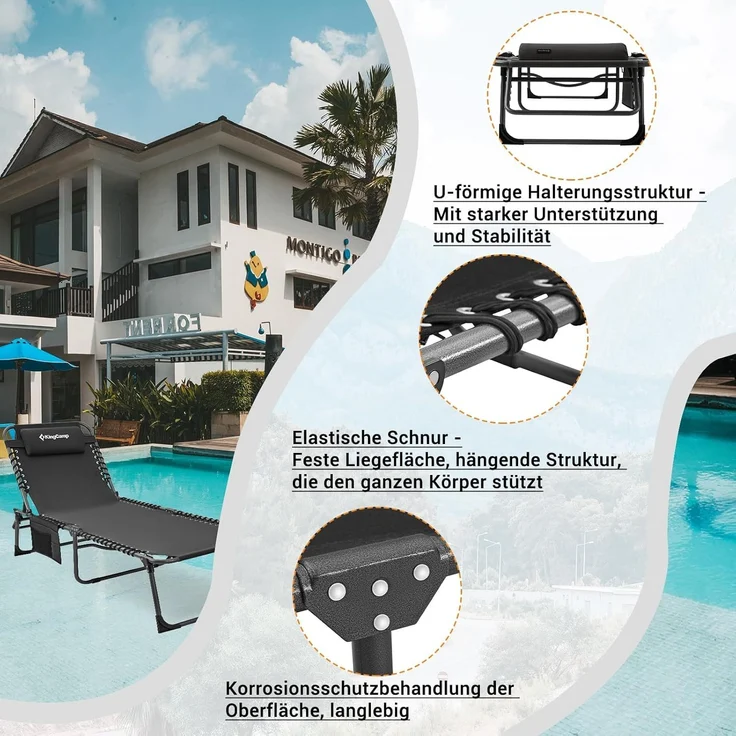 KingCamp Sonnenliege Klappbar 2er Set Gartenliege Campingliege 5-Stufig Verstellbarer Rückenlehne Liege Gartenstuhl Strandliege Camping Klappbett mit Kopfkissen für Garten Urlaub Outdoor Strand Pool – Bild 5