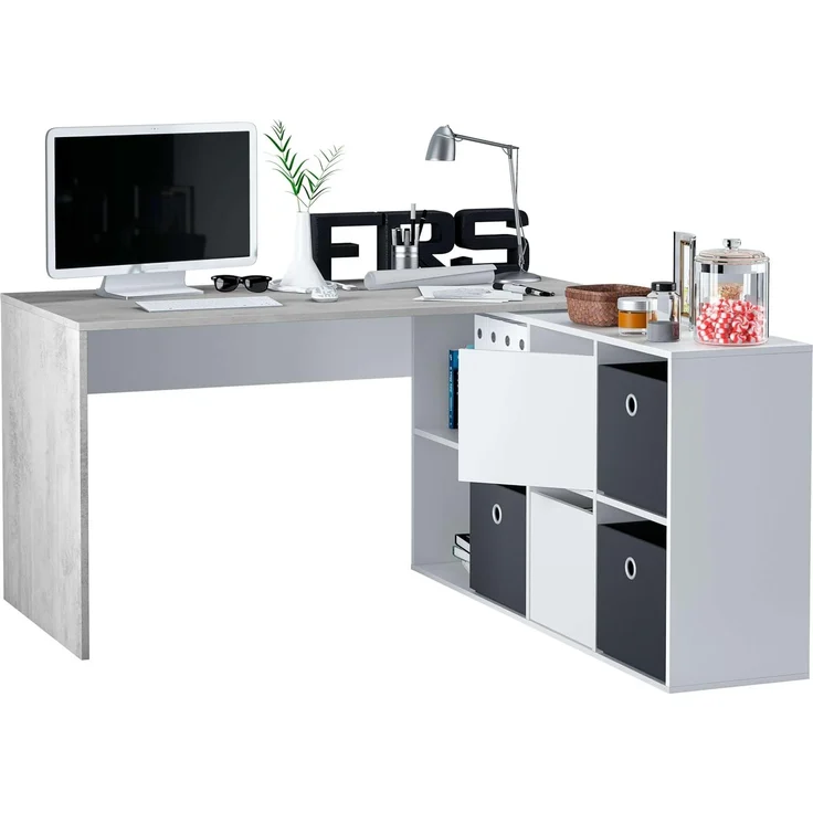 Habitdesign, Schreibtisch – flexibler PC-Tisch in Artik weiß und Zementgrau, rechts, links oder gerade aufstellbar, Maße: 136–203x66–139x74 cm (B x H x T), ideal für Homeoffice, Modell Adapta Plus – Bild 1