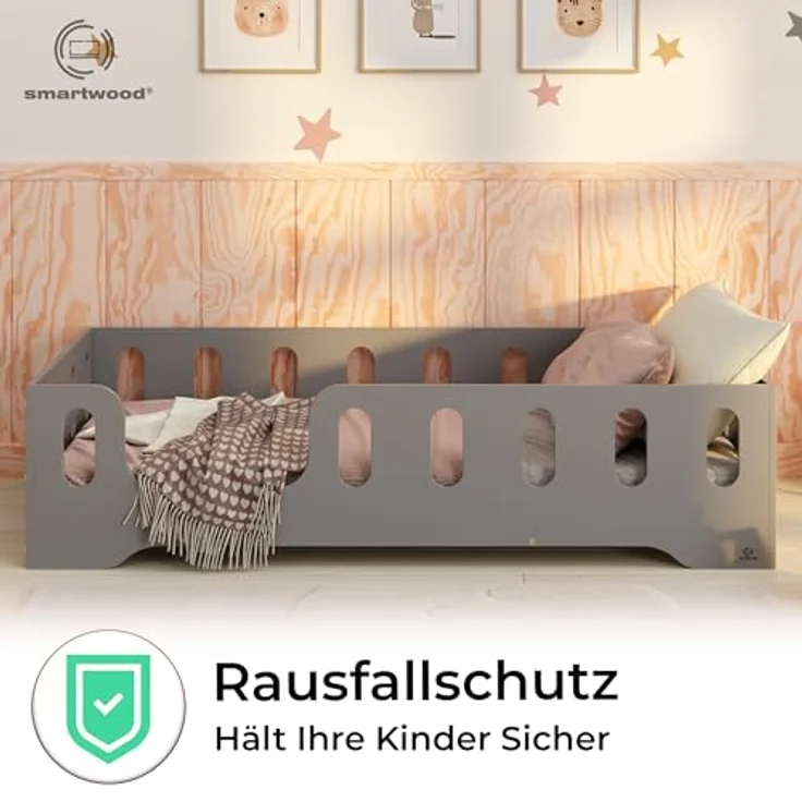 smartwood Kinderbett Bodenbett 60x120 mit Rausfallschutz & Lattenrost - Grau - Kinder Montessori Bett TILA 2L mit glatten Kanten - Betten für schnelle Montage - Bis 230 kg belastbar – Bild 7