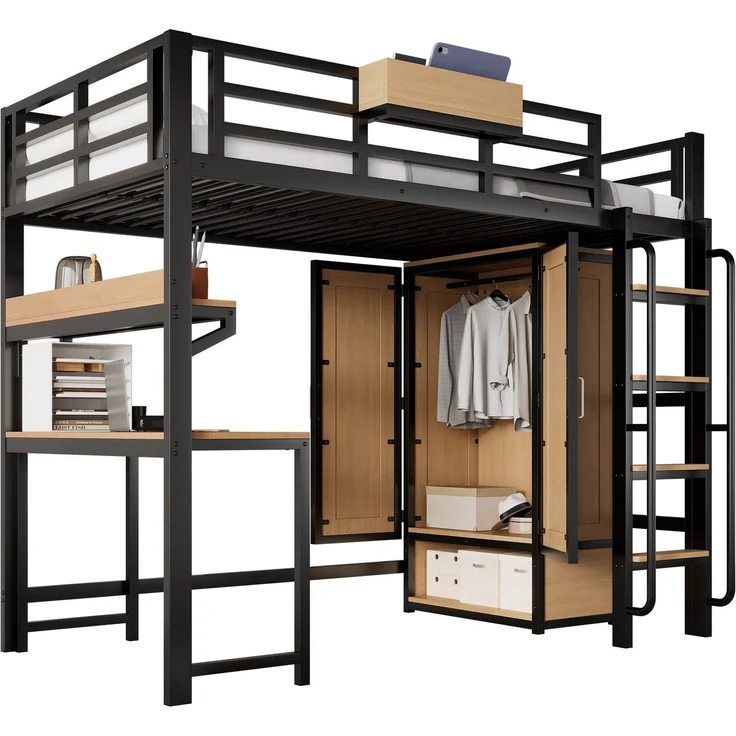 Hochbett mit, Schreibtisch, Regal, Kleiderschrank, Lattenrost, Leiter, Rausfallschutz und Aufbewahrungsbox, 90x200cm, Kinderbett, Metallbett – Bild 6