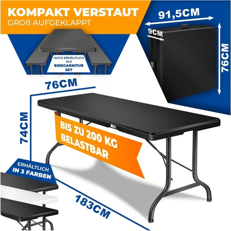 KESSER® Buffettisch Tisch klappbar Kunststoff 183x76 cm Campingtisch Partytisch Klapptisch Gartentisch für Garten, Terrasse und Balkon zusammenklappbar 8 Personen inkl. Tragegriff und Cover Schwarz, 183cm – Bild 2