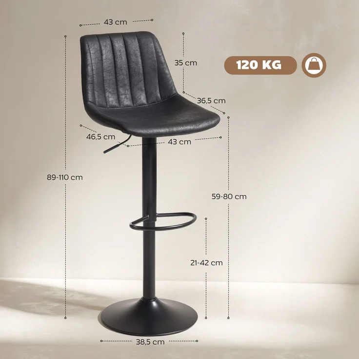 2er-Set Barhocker im Retrodesign, inkl. Fußstütze, höhenverstellbar, Gaslift, Schwarz--Schwarz--110x43x46.5cm--YOUDENOVA – Bild 5
