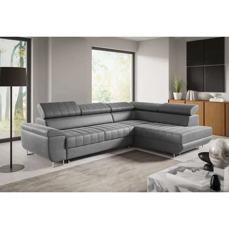 Ecksofa BENET L-Form Sofa mit Schlaffunktion und Bettkasten, verstellbare Kopfstützen, Sofa fürs Wohnzimmer- Kronos 15, 80 x 201 x 271 cm
