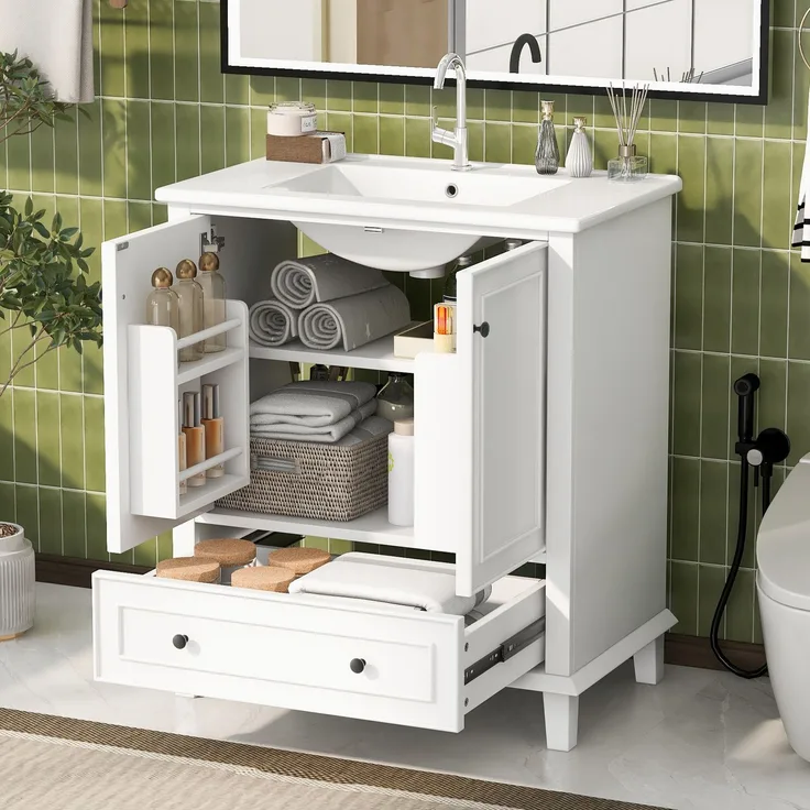 Badezimmerschrank 76 x 46 x 87 cm mit Keramikbecken, viel Stauraum & Massivholzbeinen – Moderner Waschtischschrank,Weiß