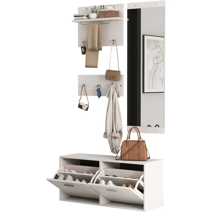 DESVIAE Garderobenschrank-Set 4-tlg. mit Spiegel und 6 Haken 90x41,5x30 cm Spanplatte Weiß – Bild 7