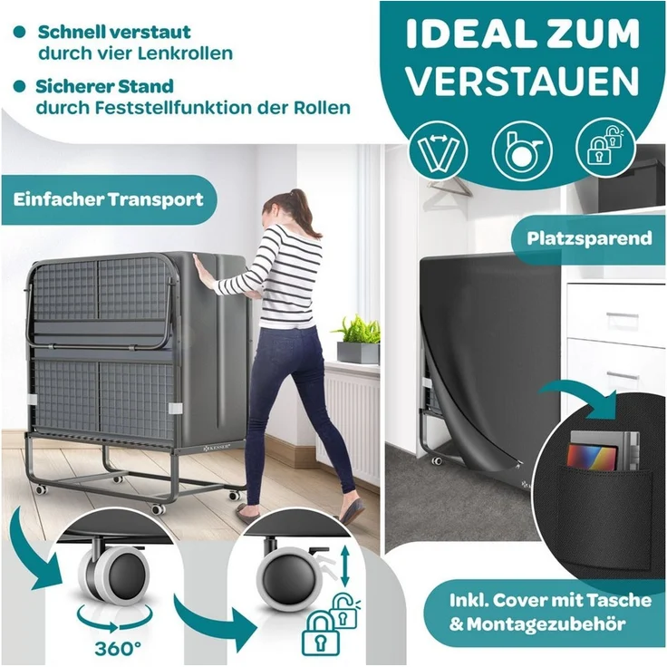 KESSER® Klappbett 200x90cm Gästebett inkl. Matratze aus Memory-Schaum & Rollen | faltbares Reisebett mit Metallrahmen für Erwachsene belastbar bis 250kg | Metallbett mit Schaumstoffmatratze & Cover Anthrazit, Deluxe Plus – Bild 2