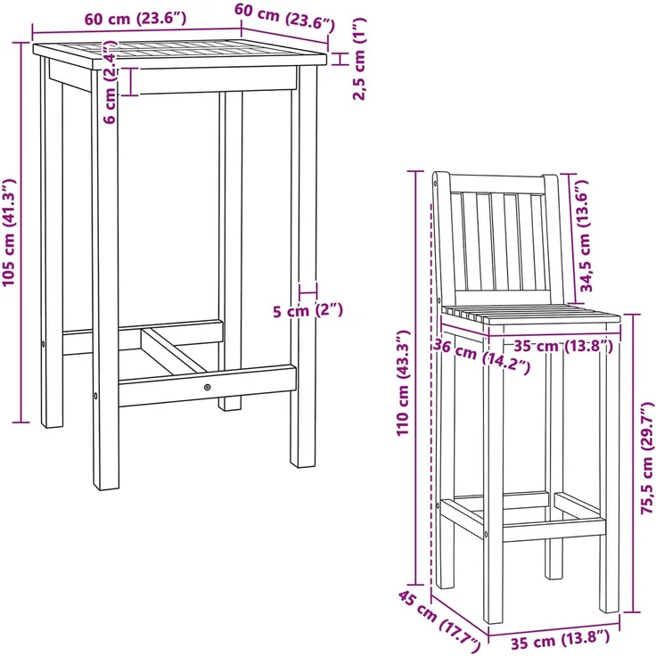 vidaXL Outdoor Bar Set 3 stk. Natur 60 x 60 x 105 cm Massivholz Teak 3422497 – Bild 8