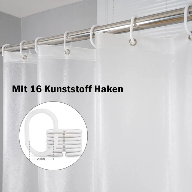 Duschvorhang 240x200 Transparent Weiß mit 5 Magnete und 16 Haken – Bild 5