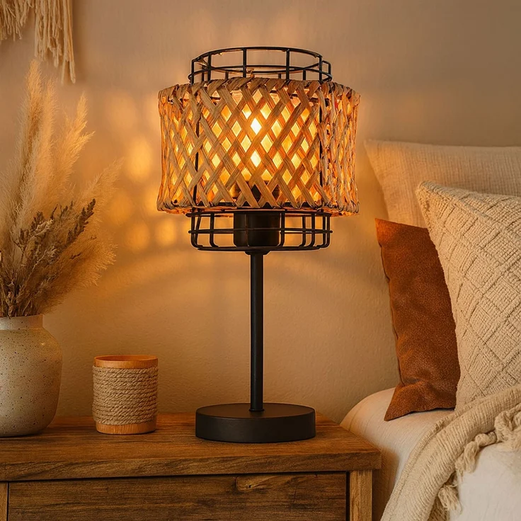 LED Boho Tischleuchte, Käfig, Bambusgeflecht, schwarz, H 32 cm – Bild 3