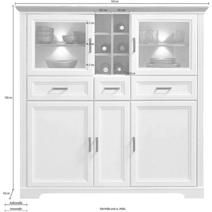 Highboard Jena / Jasmin, Holzwerkstoff, Weiß, 143 x 150 x 42 cm – Bild 4