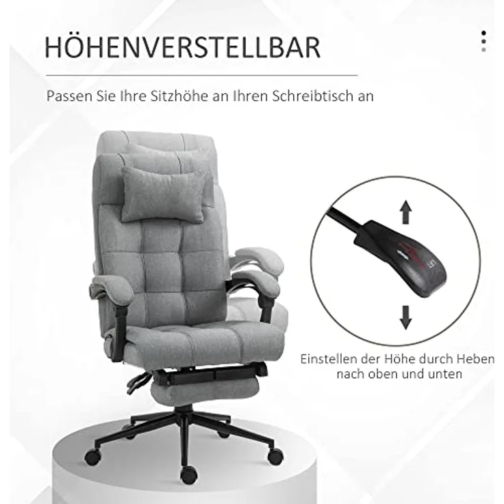 Vinsetto Bürostuhl mit Kopfkissen Armlehne Schreibtischstuhl mit Neigungswinkel Höhenverstellbarer Drehstuhl mit Fußstütze Leinen Schaumstoff PVC Hellgrau 66 x 70 x 116-124 cm – Bild 5