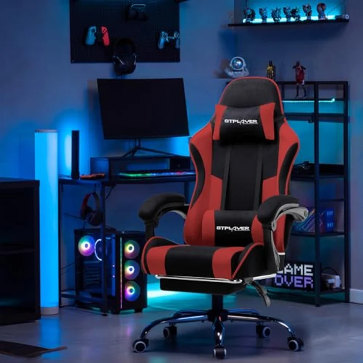 GTPLAYER Gaming Stuhl, Bürostuhl, Ergonomischer Pc Stuhl, Gaming Sessel mit Massagelendenwirbelstütze, Task Stühle mit Fußstütze und Kopfstütze, Rot Stoff – Bild 8