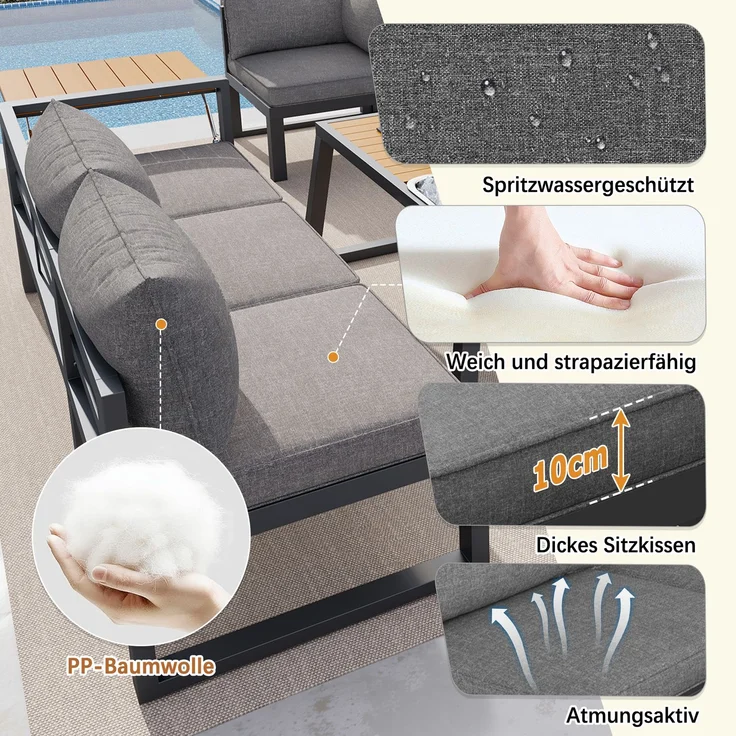 Merax Gartenmöbel-Set, Garten-Lounge-Set für 7 Personen, Outdoor-Sofa-Set mit verstellbarer Rückenlehne, ausklappbaren Armlehnen und Metall-Eisbehälter, Grau – Bild 5
