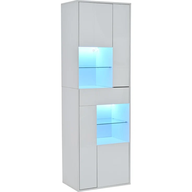 Merax 170cm Verkaufsvitrine, Hochschrank mit 1 Schublade und 4 Schränken, Glasvitrine Vitrinenschränke mit led beleuchtung, Vitrinen Mit Hochglanz-Design, Weiß – Bild 9