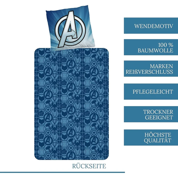 MTOnlinehandel Bettwäsche Avengers Marvel 135x200 + 80x80 cm, 100 % Baumwolle, Renforcé, 2 teilig, Jungen Kinderbettwäsche mit Captain America, Iron Man, Hulk & Thor – Bild 4