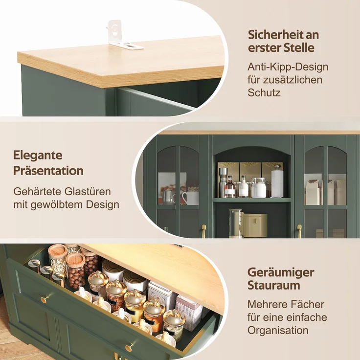 Küchenhochschrank 100 x 38 x 176 cm aus MDF in Graugrün mit Glastüren und LED-Beleuchtung – Bild 9