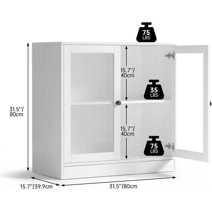 VOWNER Sideboard mit 2 Glastüren – Buffetschrank, Küchenschrank mit Arbeitsplatte (1 St), Aufbewahrungsschrank für Wohnzimmer & Schlafzimmer
