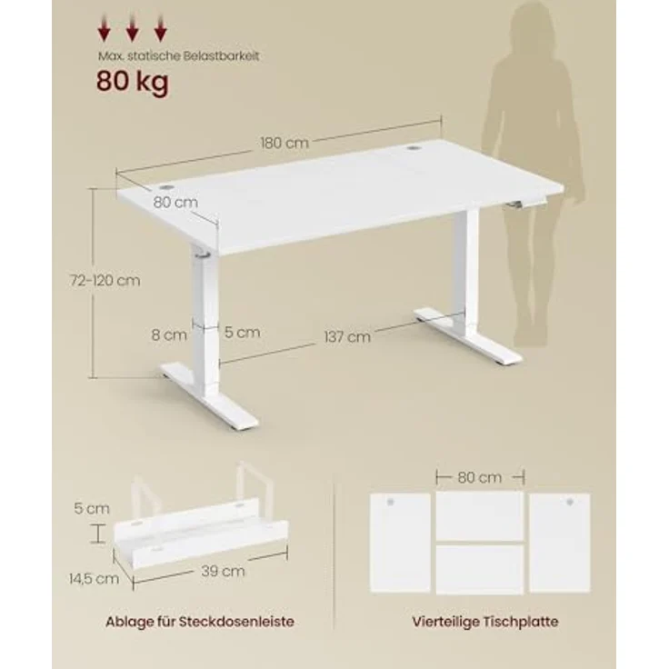 VASAGLE Höhenverstellbarer Schreibtisch, 140x80 cm, USB-C-Anschluss, Ablage für Steckdosenleiste, Stehtisch, Erinnerung bei langem Sitzen, 3 Speichertasten, für Büro, mattweiß LSD144WZ02 – Bild 4