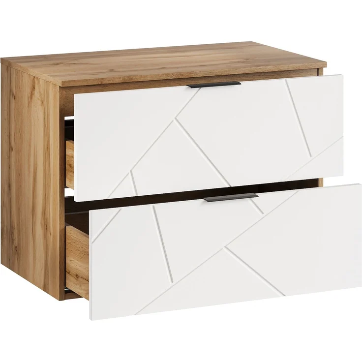 Badplaats Waschbeckenunterschrank Manello 80 x 46 x 58 cm – Eiche mit Matt Weiß – Hängender Waschtischunterschrank mit 2 Schubladen – Bild 4