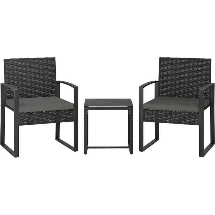 3-teiliges Gartenmöbel-Set aus Kunststoff-Rattan mit Glastisch, 55x58x76 cm, Dunkelgrau