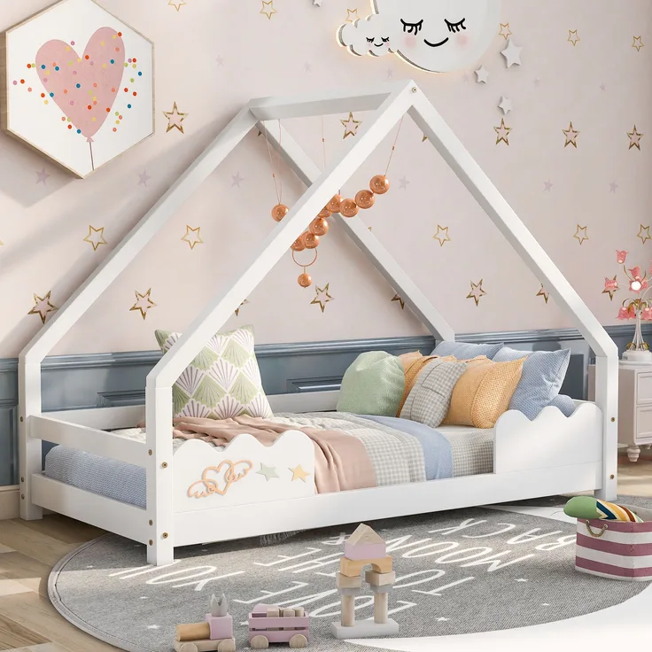 Merax Hausbett 80x160 cm mit Rausfallschutz Spielbett Massivholz in Weiß