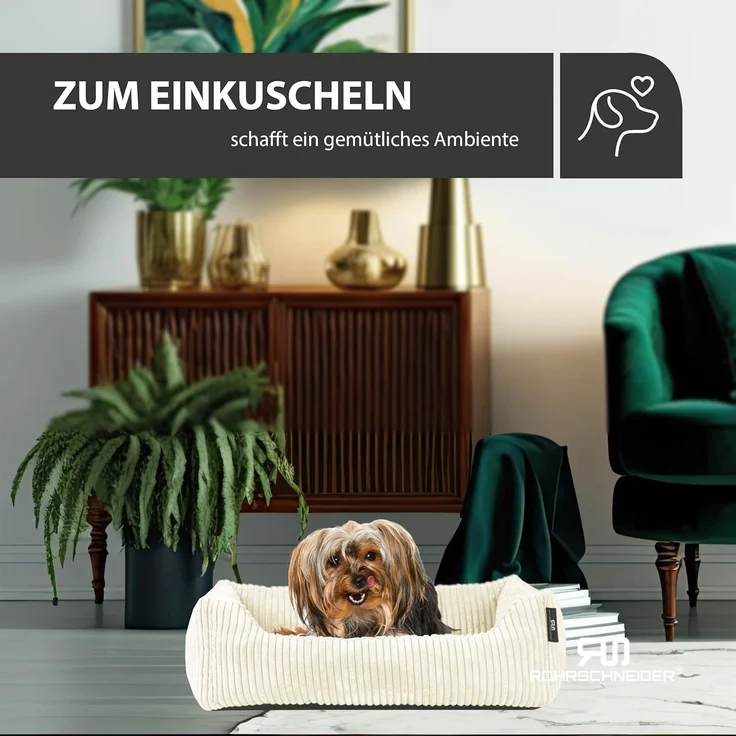 Rohrschneider Tierbett Hundebett Cord für kleine Hunde mit waschbarem Bezug inkl. Futternapf, antiruschbeschichtete Unterseite – Bild 5