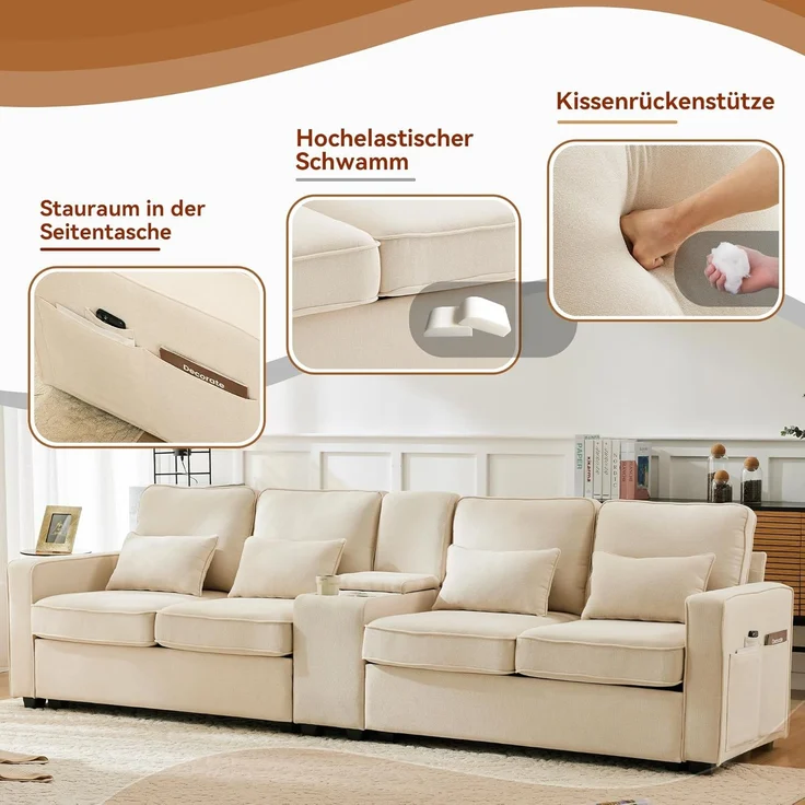 Ball & Cast Sofa mit 2 Getränkehaltern und 2 USB-Anschlüssen, Couch mit Schlaffunktion für Wohnzimmer, Wohnung, Büro, 290 x 83 cm, Beige – Bild 5