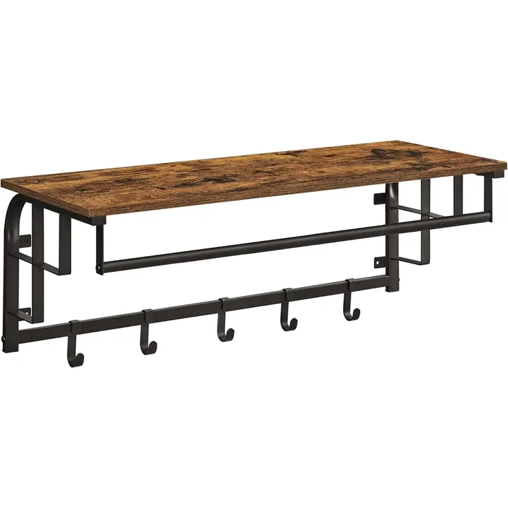 Vasagle Wandgarderobe mit Ablage und 5 abnehmbaren Haken, Holz vintagebraun-schwarz, 80 x 30 x 27 cm