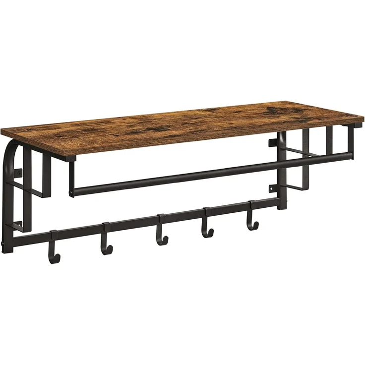 Vasagle Wandgarderobe mit Ablage und 5 abnehmbaren Haken, Holz vintagebraun-schwarz, 80 x 30 x 27 cm – Bild 1