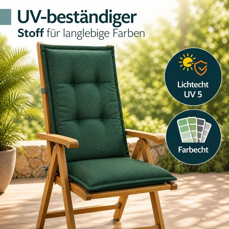 BURI 4x Auflagen Set Hochlehner für Gartenstühle 120x48x7cm Sesselauflagen Polster UV Lichtecht - Gartenstuhlauflagen Stuhlkissen mit Dicker Schaumstoff Füllung (Dunkelgrün) – Bild 6