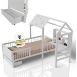 Juskys Kinderbett Yari 90x200 cm - Integrierter Schreibtisch, Praktische Schublade, Massiver Kieferrahmen, Pflegeleicht, 150 kg belastbar - weiß