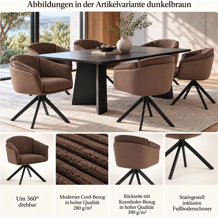 2er-Set Esszimmerstuhl HWC-R24, Küchenstuhl, drehbar Metall Kunstleder Stoff/Textil Cord ~ dunkelbraun – Bild 2