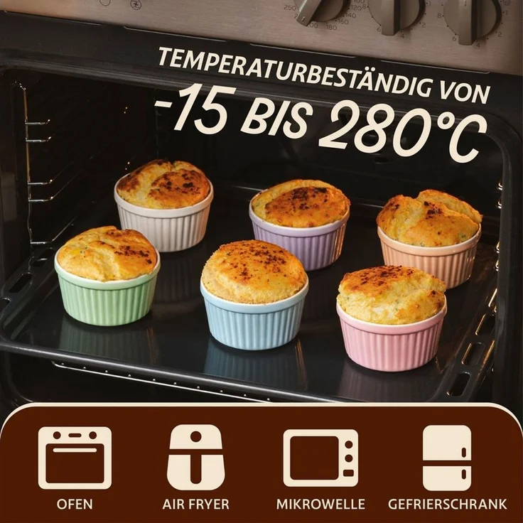 Praknu Auflaufform 6 Souffle Förmchen aus Keramik - Backofenfest - 200 ml - 9 cm, Keramik, (6-St), Kuchenform Rund - Ineinander stapelbare Auflaufförmchen mit Antihaft – Bild 3