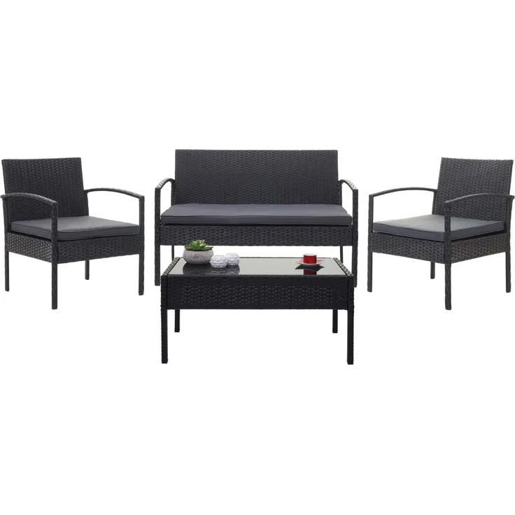 Poly-Rattan Garnitur HWC-F56, Balkon-/Garten-/Lounge-Set Sitzgruppe ~ schwarz, Kissen dunkelgrau