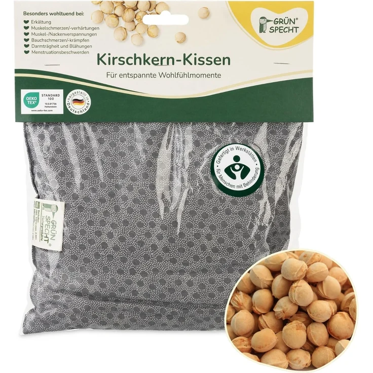 GRÜNSPECHT Kirschkern-Kissen 22 x 24cm, 100% Baumwolle, grau | Medizinprodukt: Wärmekissen mit Kirschkernfüllung, für Mikrowelle & Backofen - bei Bauchschmerzen I Made in Germany