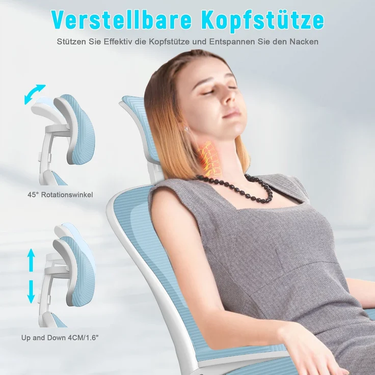 Botifly Ergonomischer Bürostuhl mit Kopfstütze, Mesh-Gewebe, Hellblau, 90°-120° Wippfunktion, 10 cm Höhenverstellbar – Bild 6