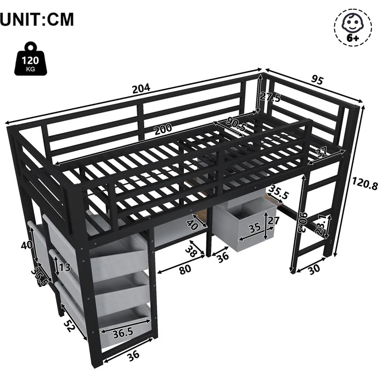 Kinderbett Halbhohes Bett 90x200 cm aus Metall mit LED-Beleuchtung, Sitzkissen, Stauraumschublade und Aufhängebereich – Bild 5