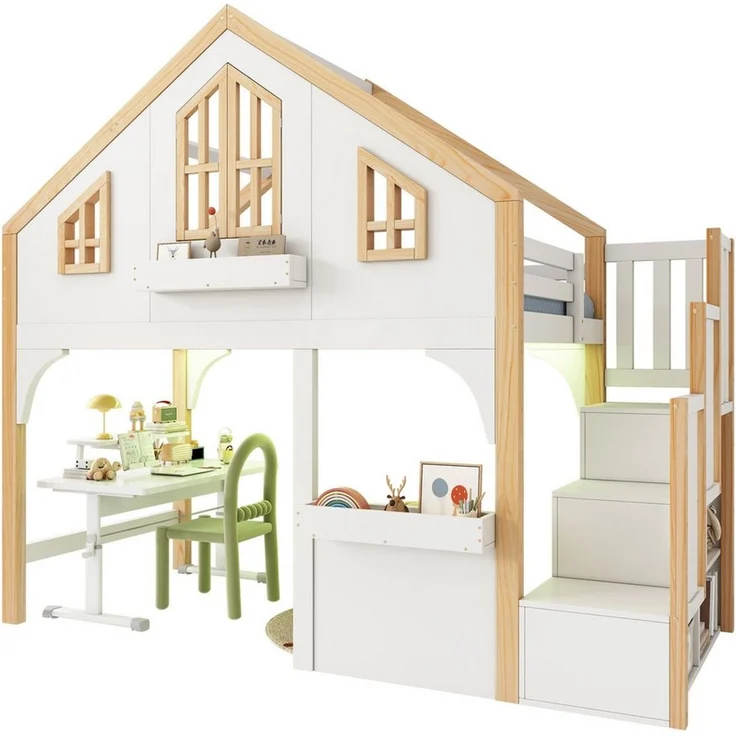 BlingBin Etagenbett 90x200 cm Kinderbett mit LED, Hochbett mit Stauraumtreppe, Hausbett (1er Set, 1-St, Ohne Matratze, Tragfähigkeit: 120KG, Massivholz+MDF, Weiß), Massivholzbett mit Fenster-Form und Rausfallschutz für Kinderzimmer – Bild 1