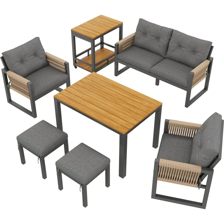 Modernes Outdoor-Sofa-Set , Freizeit- und Besprechungsset für mehrere Personen , Eisengestell , Geflochtene Armlehnen , Inklusive Sitzkissen , Multifunktionaler Tisch – Bild 10