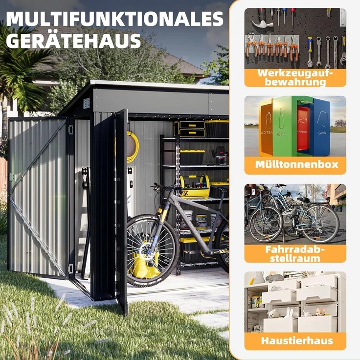 Aoxun Gartenhaus Metall 232x131x183cm mit 3 Türen & Pultdach, wetterfestes Fahrradgarage für bis 4 Fahrräder, Stabiler Geräteschuppen aus verzinktem Stahl für Garten Terrasse Hof, Schwarz – Bild 6
