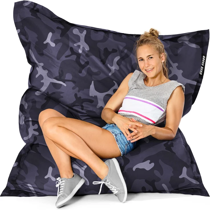 Green Bean® Outdoor Sitzsack XXL 140x180cm 380 Liter Riesensitzsack + Pouf für Kinder & Erwachsene Bean Bag EPS mit Perlen Füllung - Camouflage Schwarz – Bild 1