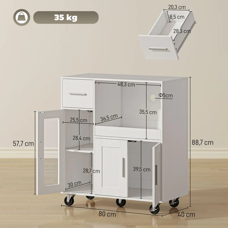 MELAYR, Küchenschrank auf Rädern, Mobile Küchenkommode mit Ablagen, Schubladen, 80 x 40 x 88.7 cm, Weiß – Bild 5