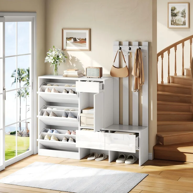 Garderobenschrank 160x35x160 cm mit Sitzbank, 3 Klappfächern und Hakenleiste, Weiß – Bild 1