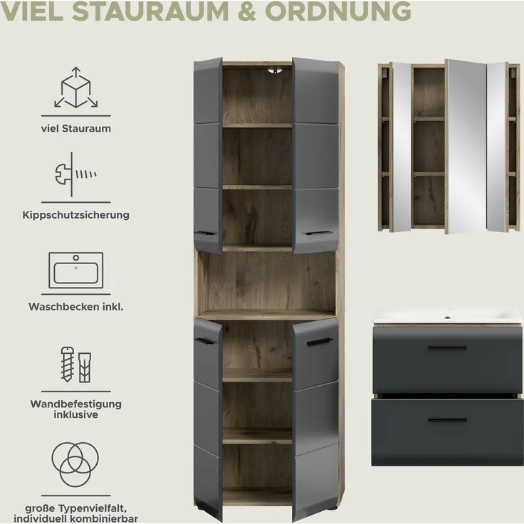 Badkombination (B/H/T: 135x185x46 cm) in schwarz matt und Nox Oak Nachbildung – Bild 9