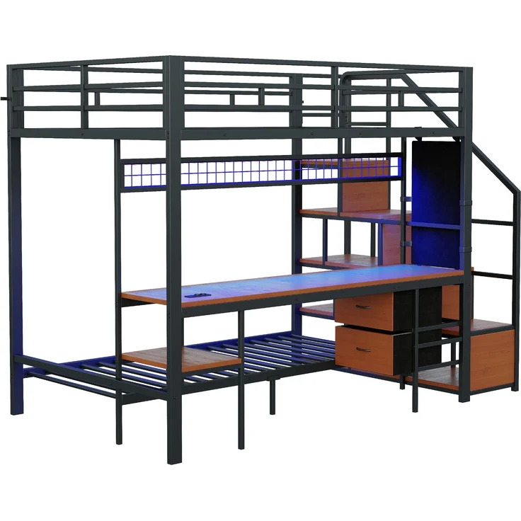 Hochbett Metall/MDF mit Schreibtisch, LED & USB-Anschluss, 140x200/90x200 cm, Schwarz, ohne Matratze – Bild 9