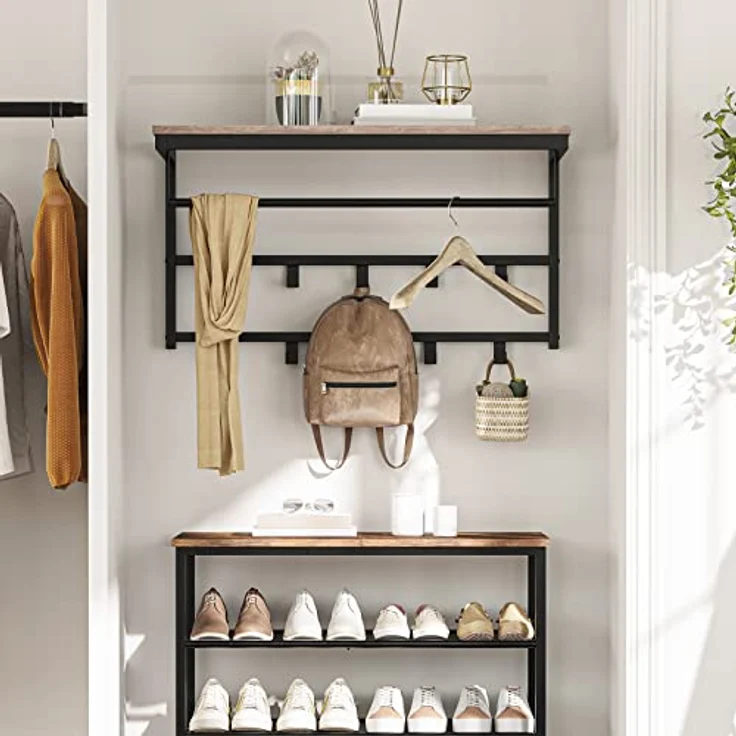 Hoobro Wandgarderobe mit Ablage, Wandregal mit 10 Haken und Stangen, 80 x 30 x 42 cm, Wandmontiertes Hängeregal für Flur, Wohnzimmer, Schlafzimmer – Bild 9