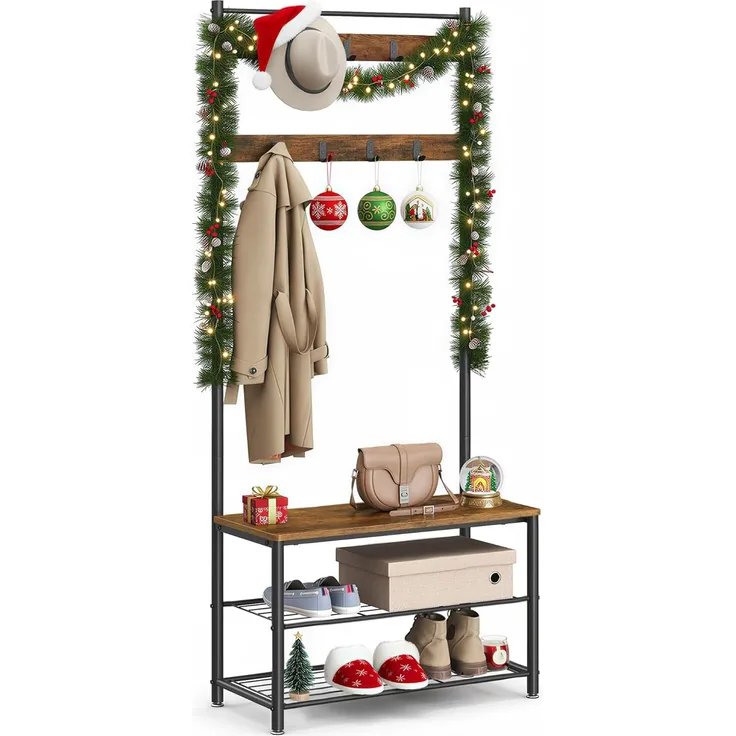 Vasagle Garderobenständer, Kleiderständer mit Schuhablagen, Schuhregal mit Sitzfläche für Flur, mit Haken, Metallrahmen mit matter Oberfläche, von Songmics HSR41BX